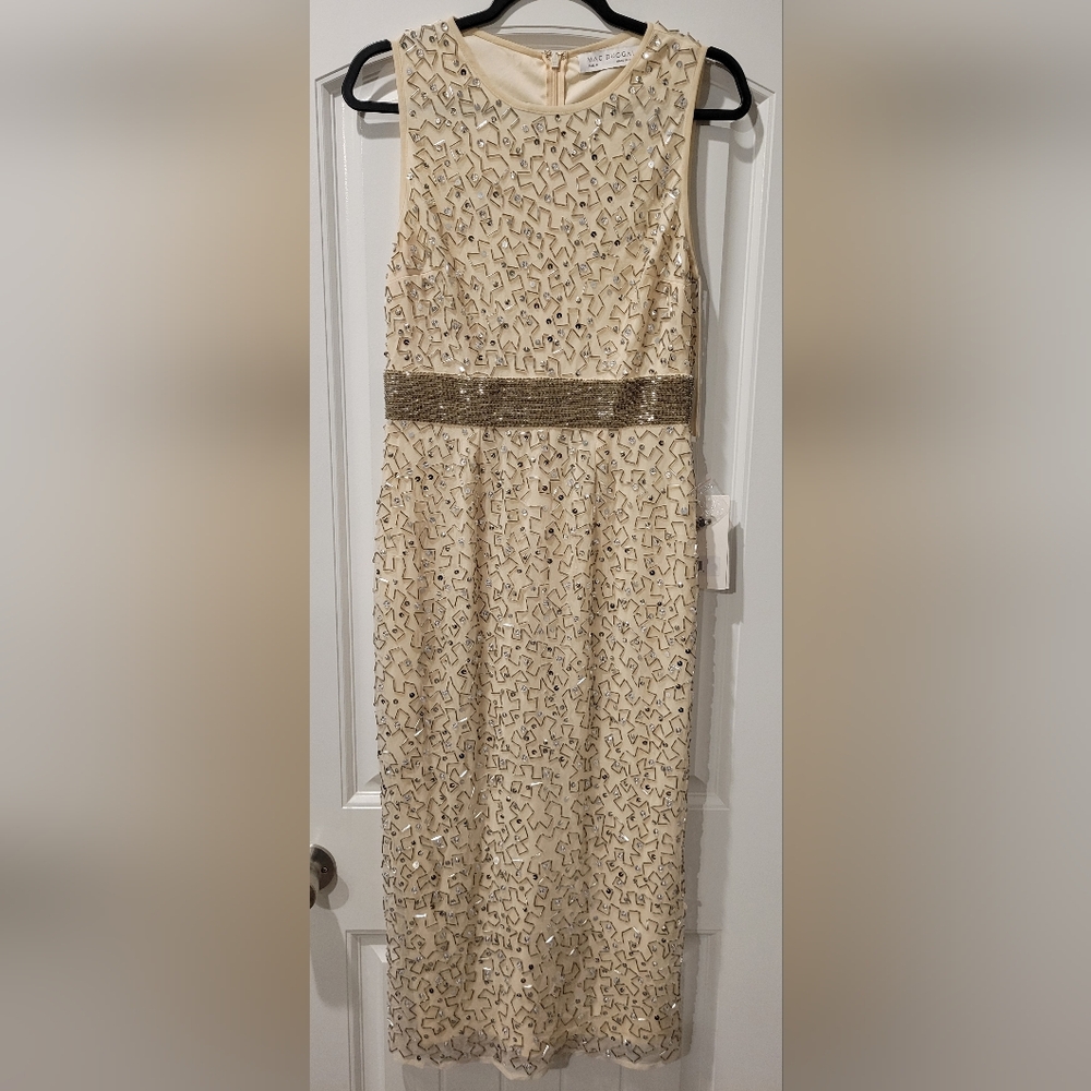 Mac Duggal Cream and Gold Midi Dress